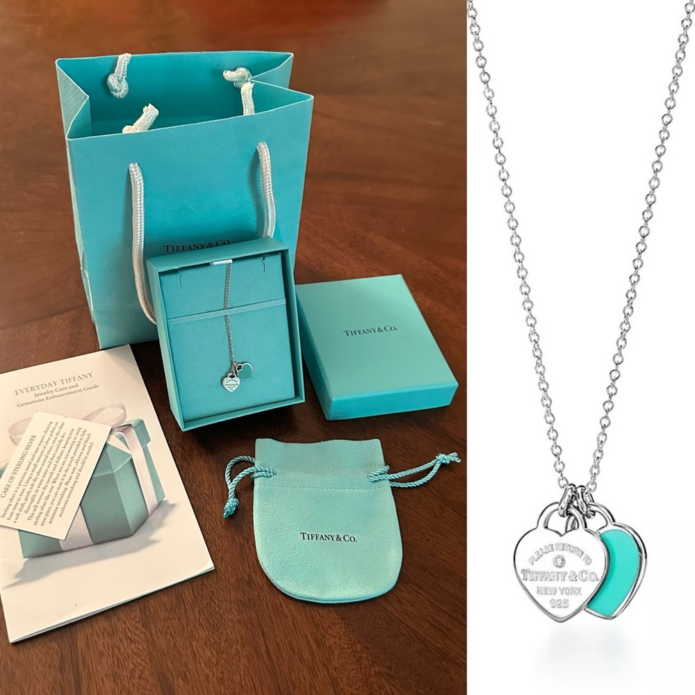 Return to Tiffany New York Double Heart Necklace Tiffany blue small 16” chain